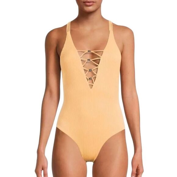 NWT Yellow Ribbed Lace Up One Piece Swimsuit Large - Picture 1 of 4